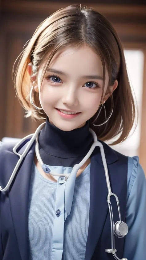 (doctor costume:1.25),Super baby face, very young beautiful girl,Very slim body,Correct human body, detailed eyes, detailed face , very beautiful face , very cute face, beautiful skin, Evenly Balanced Eyes,Droopy eyes,orgasm smile, Highest Resolution , top...