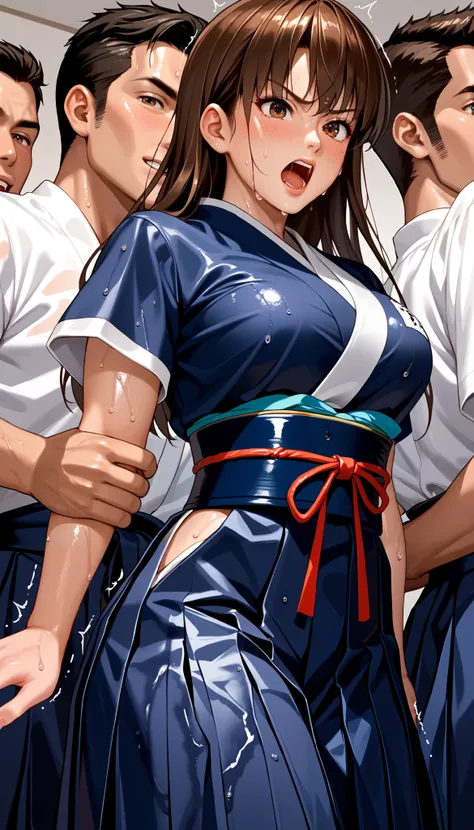 DOALeiFang, LeiFangDOA, gasp, Captured by men, Captive, Surrounded by men, Attacked by men:1.5, Many men:1.5, Man grabs her arm, Man attacks from behind, Man grabs her leg, Men Swarm 1:5, (wet short sleeve white solid kimono tops and high waist dark-blue m...