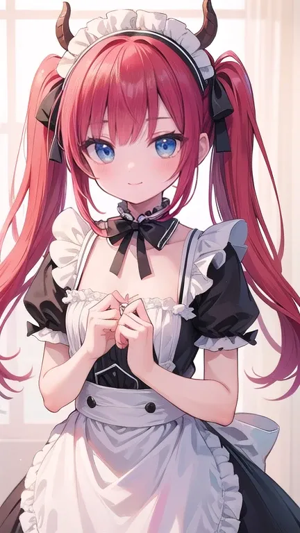  high resolution ,  masterpiece,  high resolution สุด,  very detailed , Twintail, Red hair,  chest ,  blue eyes,  thin smile,  Character Design , แผนภูมิ chest ,  first-person view, Maid headband, 