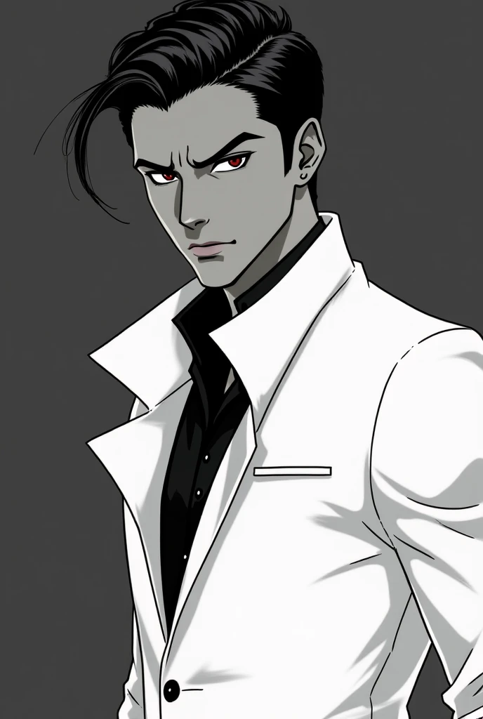 Draw an anime man in a white suit. Black and white picture