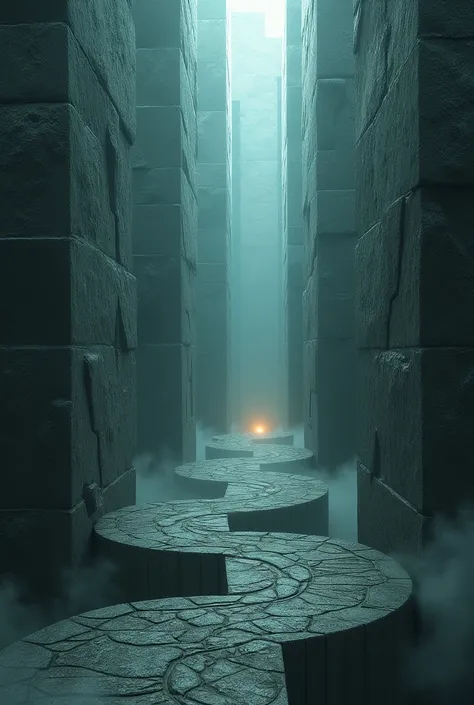 A mystical labyrinth made of towering stone walls, twisting and turning in an intricate pattern. The path ahead is unclear, yet there is a faint light glowing in the distance, symbolizing the answers and the way out. Soft mist lingers at the ground, adding...