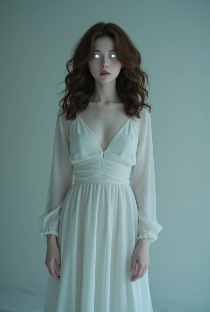 woman with curly brown hair, ghostly pale skin, wearing floor-length white dress, back starting to turn, white eyes