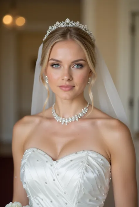 Ultra realistic Picture of a upper body of a beautyful young blonde Bride with a white metallic satin strapless Princess Weddingdress and many silver Pearls in the fabric and a bridal veil with diadem. Necklace, The Bride stands in the Lobby and is ready f...