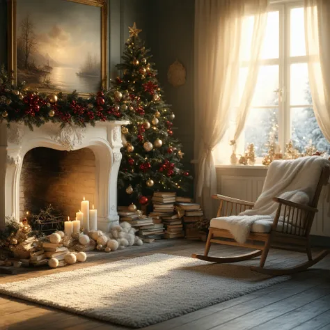 Ground view ， Christmas，indoor，Dark brown wooden floor ，古典indoor装修，The white fireplace ，There is a fire burning in the fireplace:1.4，壁炉带有 Christmas装饰， There is a rectangular beige carpet in front of the fireplace， There is a landscape oil painting above th...