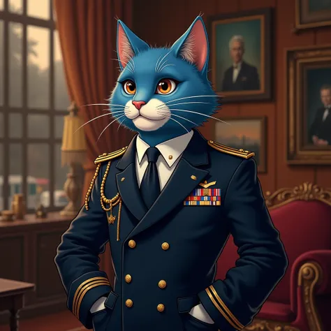 draw this a man anthropomorphic blue cat with brown eyes.  He is an admiral and wears a naval uniform with tie and jacket and the chest full of medals do it full body image in the living room of the officers casino decorated with frames and nautical object...