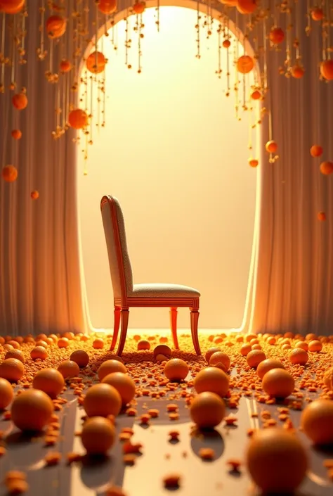 A modern Nigerian wedding setting with scattered akara balls elegantly arranged around an empty brides chair, soft lighting, magical realism style