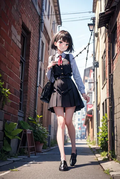 A girl wearing black loafers is suspended from a rope