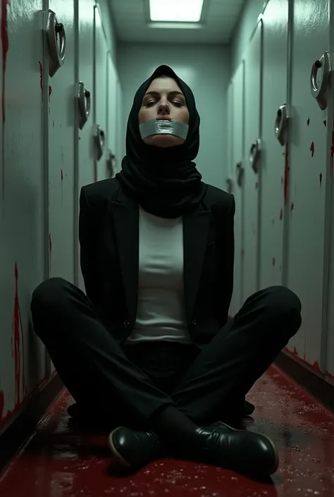 Close image of a woman her mouth taped by silver duct tape eyes closed slim body wearing black hijab and black pants and white t-shirt with black business jacket hands hidden in her back sitting down on the ground with her head on the wall in bloody butche...