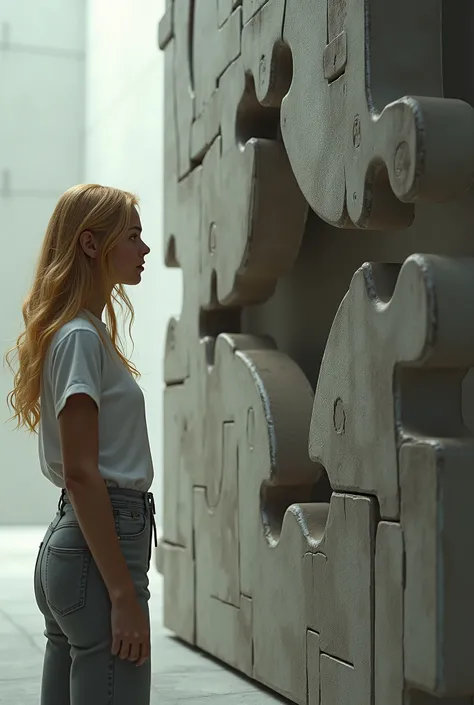 Young blond woman 25 years old ,  next to her a giant puzzle that represents something difficult to solve 