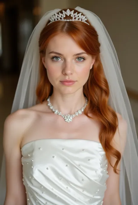 Ultra realistic Picture of a upper body of a beautyful young red haired Bride with a white metallic satin strapless Princess Weddingdress and many silver Pearls in the fabric and a bridal veil with diadem. Necklace, The Bride stands in the Lobby and is rea...