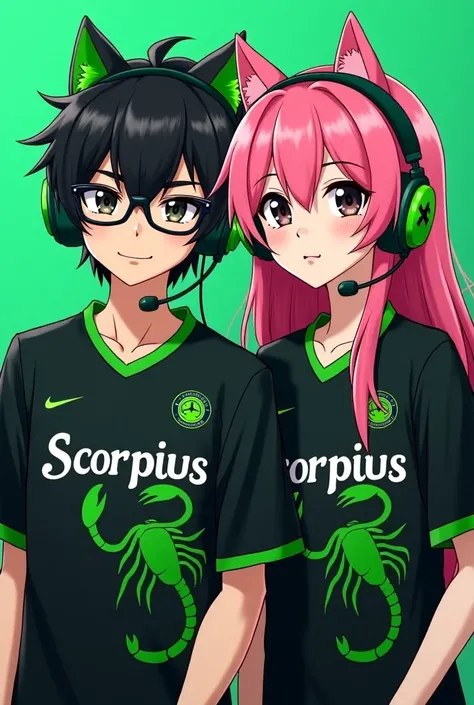  Young couple in gamer setup both with green cat headset, Boy wearing glasses and black hair,  girl long pink hair , both black eyes , both wearing a black and green championship jersey written Scorpius with the symbol of a scorpion, anime