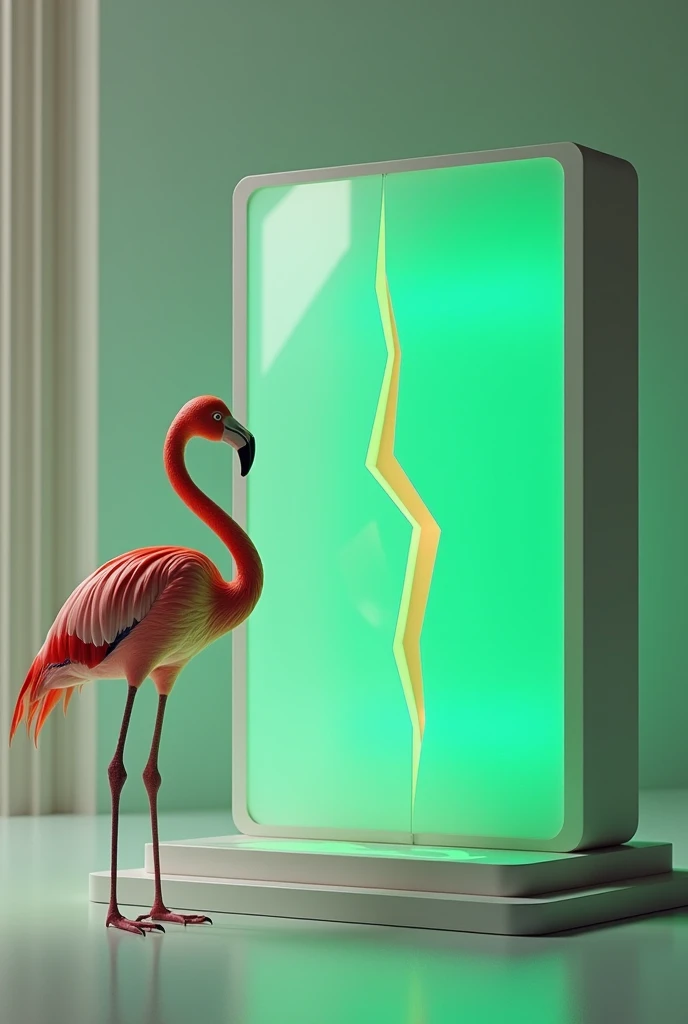 make me a picture of a flaminggo bird staring at a glowing green cyber box with a modern green crack in the box