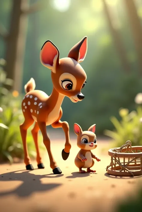 IN 3D Animation Style "Taking a deep breath, Fawn decided to act. She carefully approached the trap, her hooves making soft thuds on the ground. The rabbit watched her with wide, hopeful eyes." 