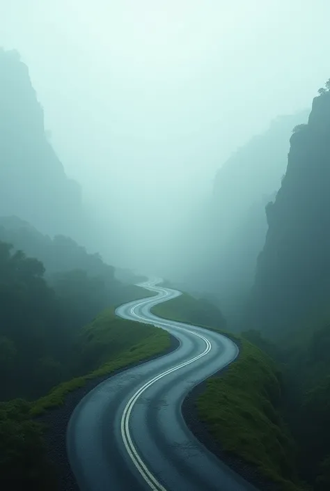 A winding road stretching into the horizon, symbolizing lifes journey, with misty landscapes suggesting hidden mysteries.