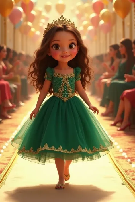 Beautiful girl 2 age with long wavy hair, and a small tiara, wearing an emerald green dress embellished with golden details, walking gracefully down a runway in a festive setting."    