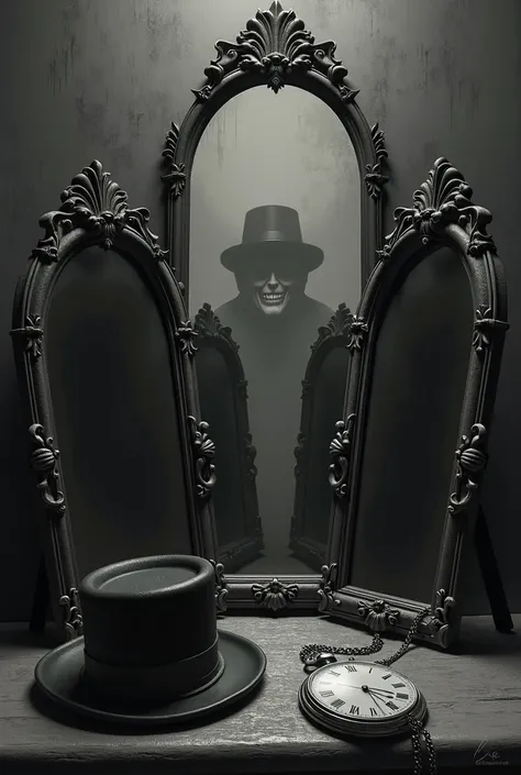  in black and white with a dark background make a minimalist horror art for book cover containing macabre mirrors, a bowler hat, pocket watch, And a macabre smile in the background 