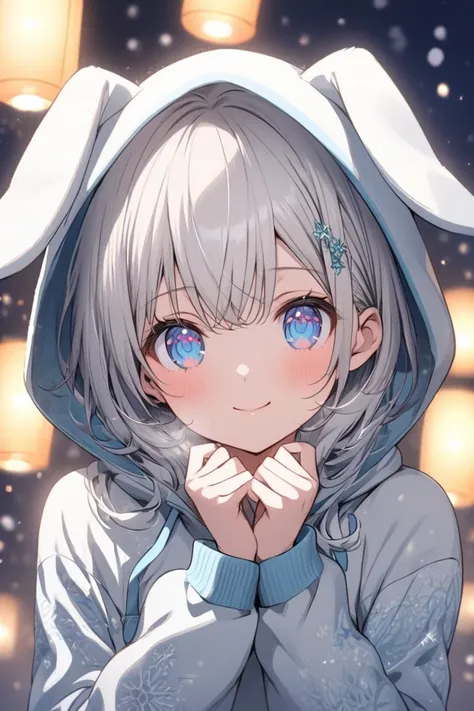 A beautiful anime girl with short silver hair and sparkling blue eyes. She is wearing a hoodie with a bunny ear attached to its hood, creating a charming and playful look. The hoodie has subtle intricate patterns, and the background is a snowy night with g...