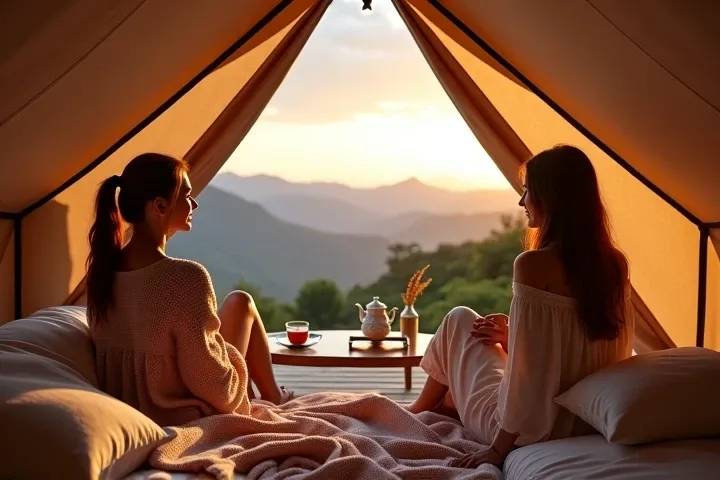 Luxury eco-glamping :  stylish premium tent set against the backdrop of picturesque mountain scenery girls (For example, with).  Inside, cozy decoration with soft blankets ,  decorative pillows and a small table with a cup of tea .  Outside — terrace with ...