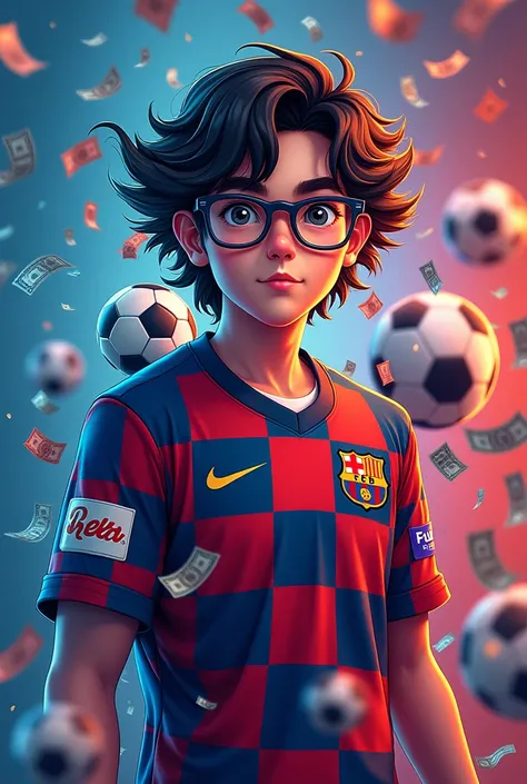  A July logo with soccer balls and money .  With letters from Formula 1 and a teenager wearing glasses, moreno, wavy hair, and Barcelona clothing for the 2024-2025 season 