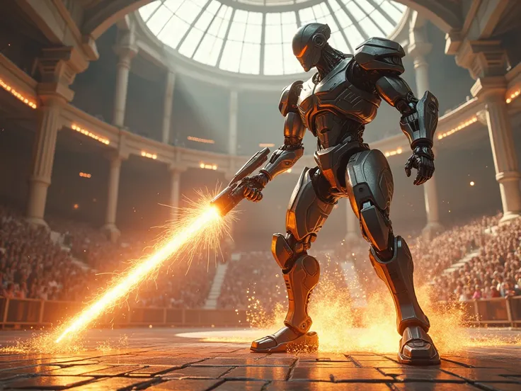 a robot fighter being pierced by a spear of light in the foreground, explosion of sparks in the wound. In a futuristic Roman circus.