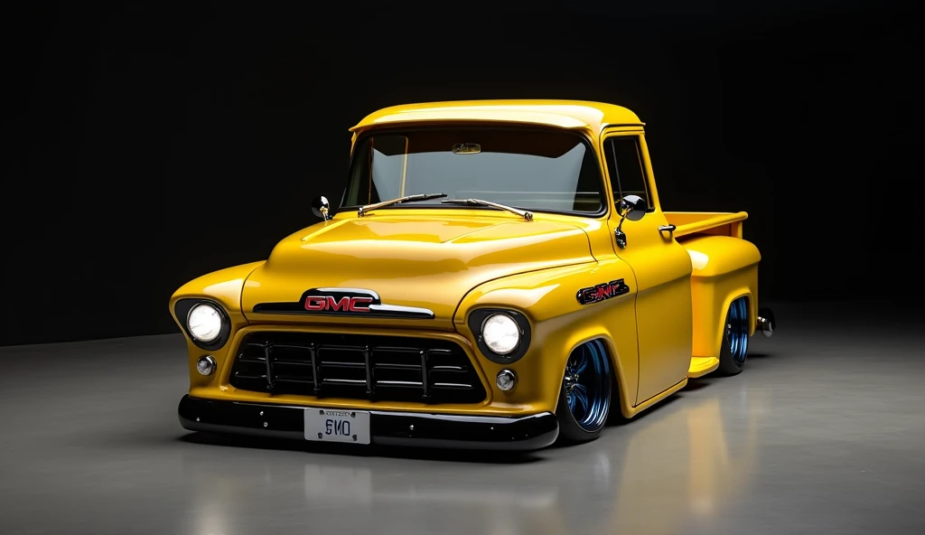 A photo of a yellow Mansory-modified  gmc vintage pickup in a dark studio setting. The vehicle has a complete body kit, lowered, and is equipped with navy blue wide-body wheels. The car is parked and the photo captures the front part of the vehicle at a st...