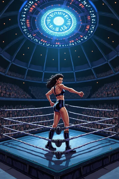 Comic book style 1 female wrestler, boxing stance,  throwing a punch, eyes focused away from the viewer.  Complexion: Dark tan

Hair Color: Long curly black

Eye Color: Brown

Body Type: Strong, muscular. The Astrol Dome is a visually stunning, cosmic-insp...