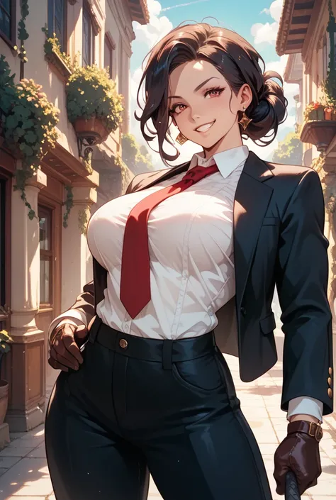 Tall girl with dark hair tied up pale skin with formal shirt dark formal pants elegant red tie smiling evil mobster muscular dark gloves medium breast medium hips 