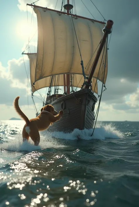 A dog pushing a ship