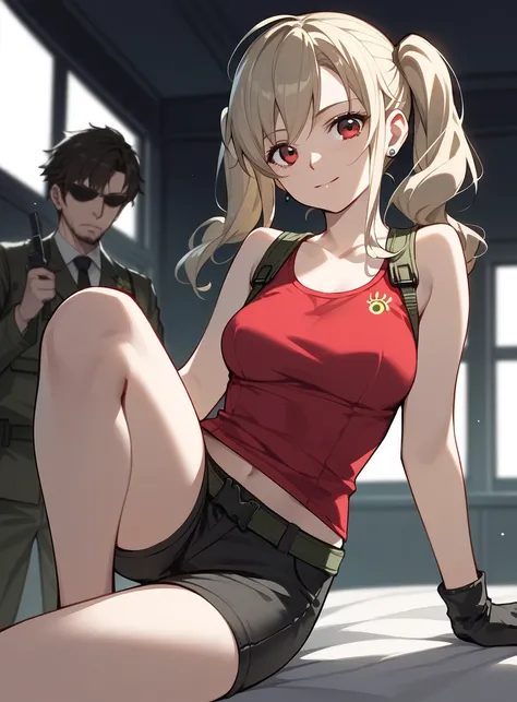 a drawing of a woman in a red shirt and black shorts, seductive anime girl, quiet from metal gear solid, female protagonist 👀 :8, female anime character, revy from black lagoon, anime woman, ann takamaki from persona 5, asuka suit under clothes!, anya from...