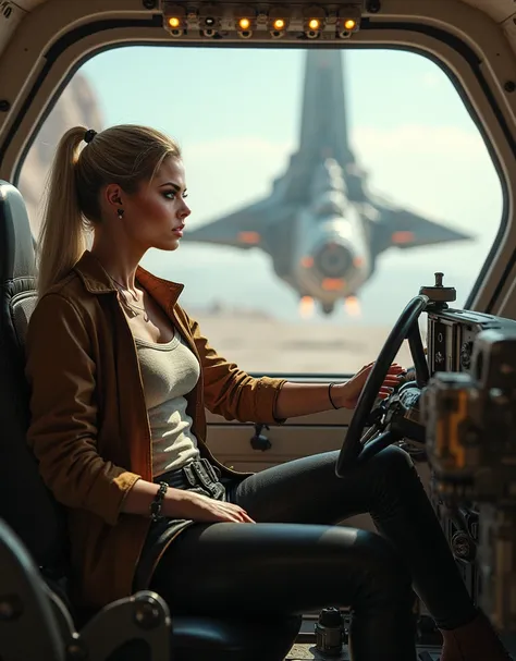  woman with long blond hair and middle parting , Size: 165cm, Weight: 58kg,  the face is a little plump , she doesn&#39;t smile,  she is sitting in the cockpit at the helm of a small spaceship and sees through the windscreen how her spaceship flies into th...