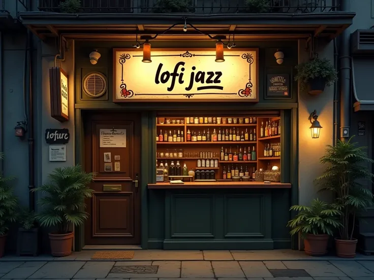  I created an image of a bar front, Lo-fi style sign written in text  "lofi jazz" 