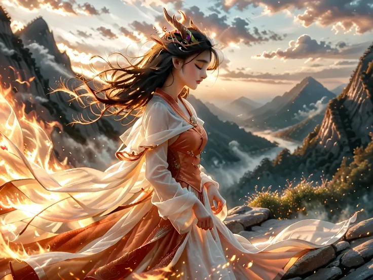 A young, beautiful woman stands atop a rugged mountain, wearing a robe of flame that shimmers and flickers in the wind. Her hair flows in the breeze and glows with faintly glowing embers. Before her is a majestic fiery dragon, its scales ablaze with intens...