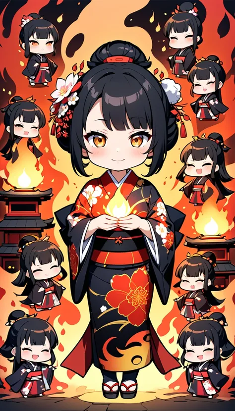 Deformed character, Japanese anime character style, chibi style, beautiful woman surrounded by flames, black hair, wearing a New Years kimono, New Years Day, first shrine visit background, emitting intense flame magic from both hands.