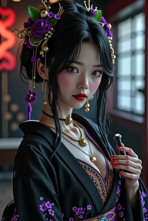 Create the image of an Oiran, she has cute purple eyes, black hair, and the characteristic accessories of a high-ranking Oiran. She smokes a pipe, she is seductive but at the same time fragile and kind. She is unattainable. Let her have a black kimono, wit...