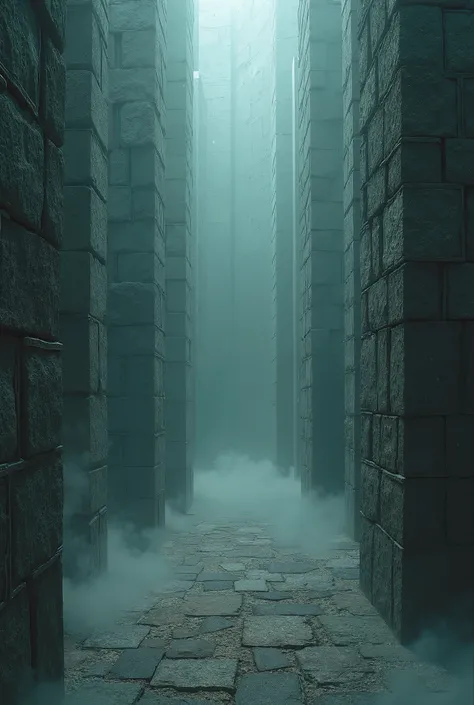 A mystical labyrinth made of towering stone walls, twisting and turning in an intricate pattern. The path ahead is unclear, yet there is a faint light glowing in the distance, symbolizing the answers and the way out. Soft mist lingers at the ground, adding...