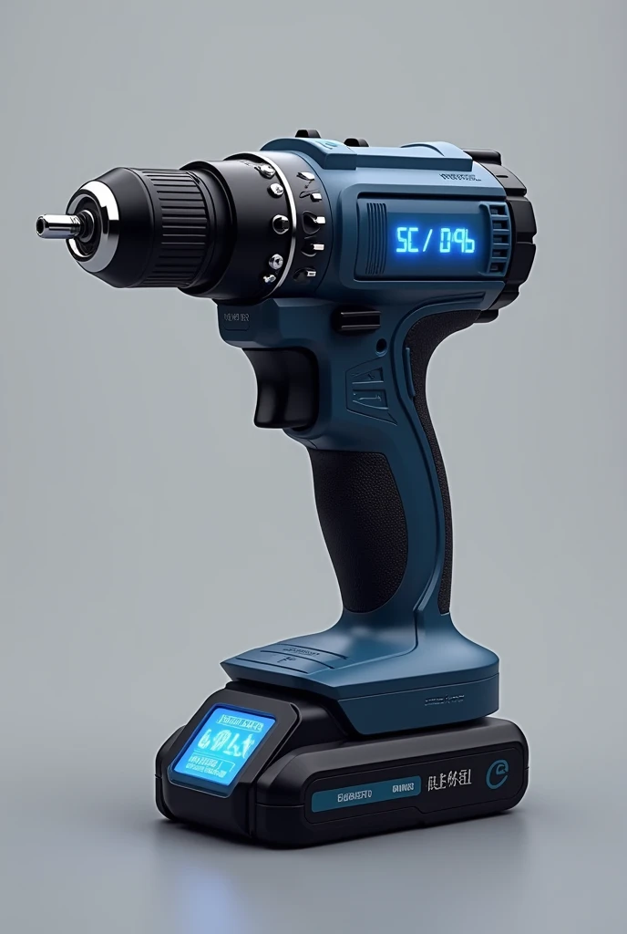  Design of a cordless style electric drill give a self-rechargeable solar wireless battery, with a blue digital screen give digital information  