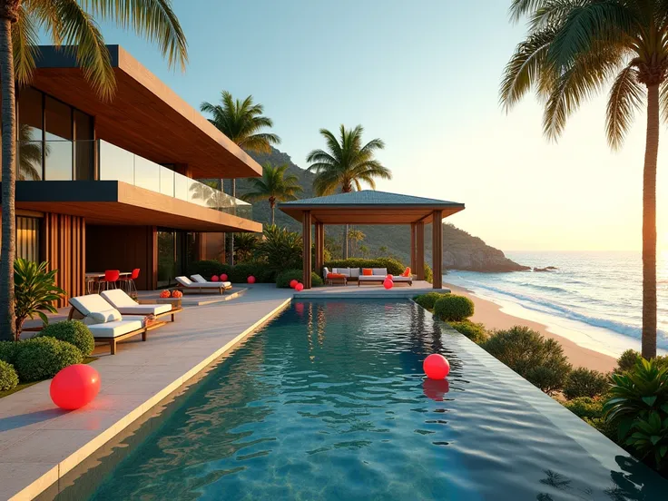  create for me a photo of a house on the beach place a pool and the view we can see the pool, a gazebo with modern furniture that fits the beach style, place red balloons in the pool