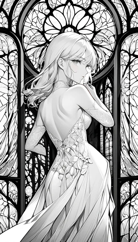 best quality, super fine, 16k, black and white stained glass window with delicate, complex, mysterious, and bold design, when you open the window, you are greeted by pure white world, colorless work of art, simple line art of a bare back a beautiful woman ...