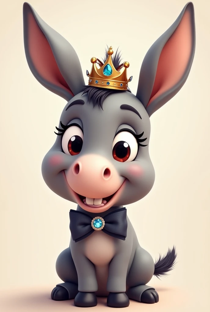 "Create a cartoon-style close-up of a cute, plump donkey with soft gray fur and large, expressive eyes. The donkey is wearing a sweet, oversized bow tie, a sparkling gemstone collar, and a tiny, playful crown perched on its ears. Its expression is cheerful...