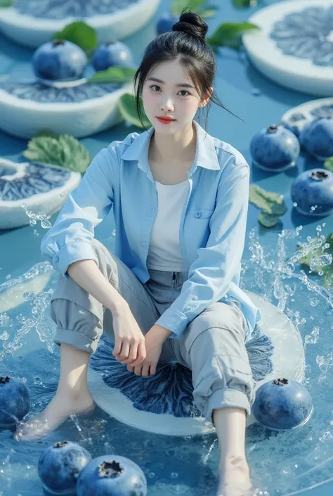 A real scene where there is a beautiful Korean woman,smooth white skin,,black hair in a Korean-style bun ,light blue shirt, knee length cargo pants , white undershirt, smiling looking at the camera ,sitting on the slice, some blueberrys, blueberry water sp...