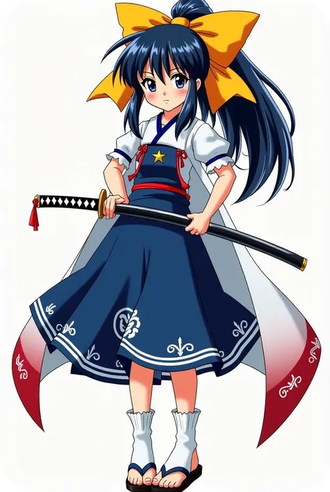 Demon Slayer Colored Manga Panel
Woman + fair skin + Long dark hair with bluish reflections tied in a high ponytail adorned with a large yellow bow + big eyes and deep blue conveying an appearance of concentration and determination + Wearing a Navy Blue Dr...