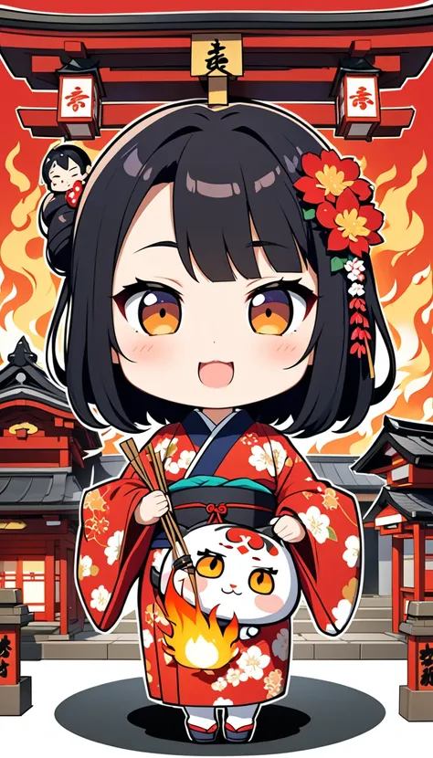 Deformed character, Japanese anime character style, Chibi style, beautiful woman surrounded by flames, black hair, wearing a New Years kimono, New Years Day, against the background of a shrine for the first visit of the year, enjoying the first visit of th...