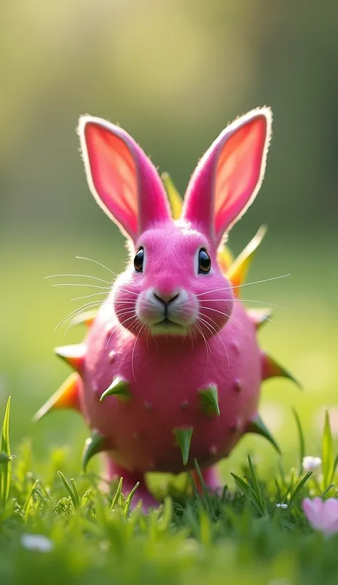 The rabbit’s entire body is transformed into the smooth, glossy pink skin of the dragon fruit, with green leaves forming along its ears and tail. The rest of the body resembles the dragon fruits skin, while the face of the rabbit remains the same. The back...