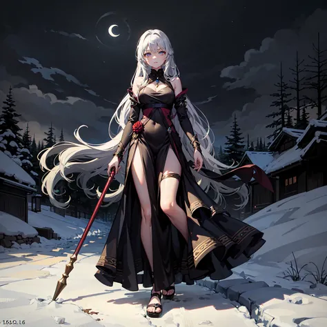 (((masterpiece, best quality, high detailed, 16k))) (1girl) A calm and serene woman with long, flowing dark silver hair, her eyes glowing with the quiet wisdom of the waning moon. She wears a robe adorned with twilight colors, fading from bright silver to ...