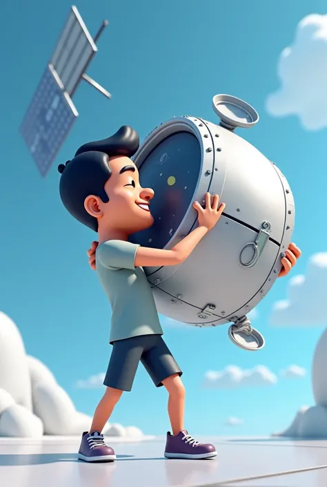 Man name "Lasantha" age 44 years short hair medium grown Asian wearing skinny and short. He loves satellite. Try to hug a huge satellite. Smart 3d Cartoon.