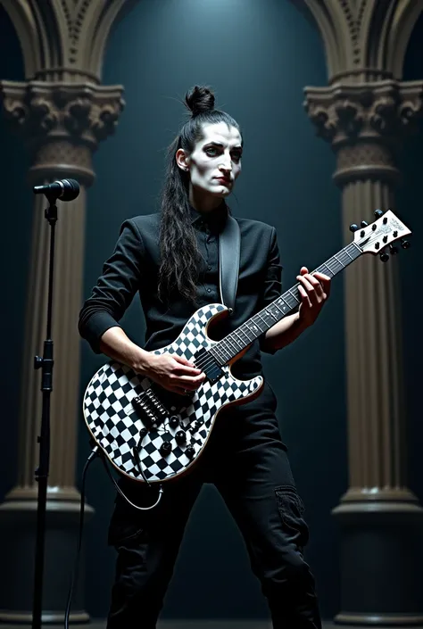 rocker man the face is painted white, long hair tied up, hold which is patterned like a black and white chess board electric guitar, stage microphone, against dark palace background     