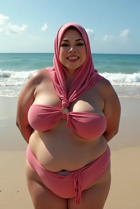 OVERWEIGHT BREASTS SSBBW HIJAB  ,  BBERNUDE ON THE BEACH WITHOUT WEARING ANY CLOTHES ,   BOTH HANDS LAID BEHIND BUTT 