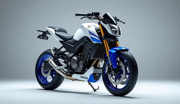 Give me 4k high quality high Resolution image of   2025 Yamaha xt 600 bike 
 features  white and blue Colour front side view with bike name print on the Wall 
