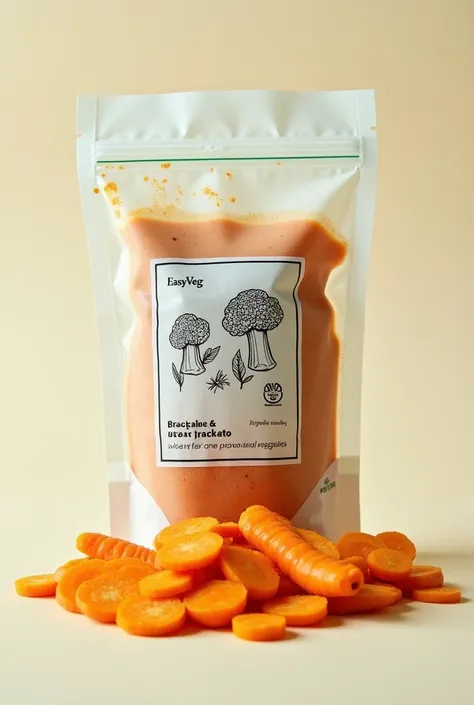 A package ,  type pouches with liquid inside ,  that you mix in a black line the drawings of broccoli , carrot, sweet potato,  in which the design is simple and has 100 written on the label%  made from vegetables 
The name of the company is EasyVeg  