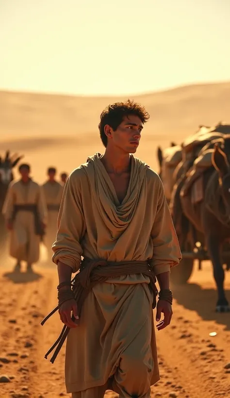 Create a scene of Joseph, bound and walking behind a caravan of merchants, looking back with tears in his eyes as his brothers watch from a distance. Aspect ratio 16:9, cinematic suspense.